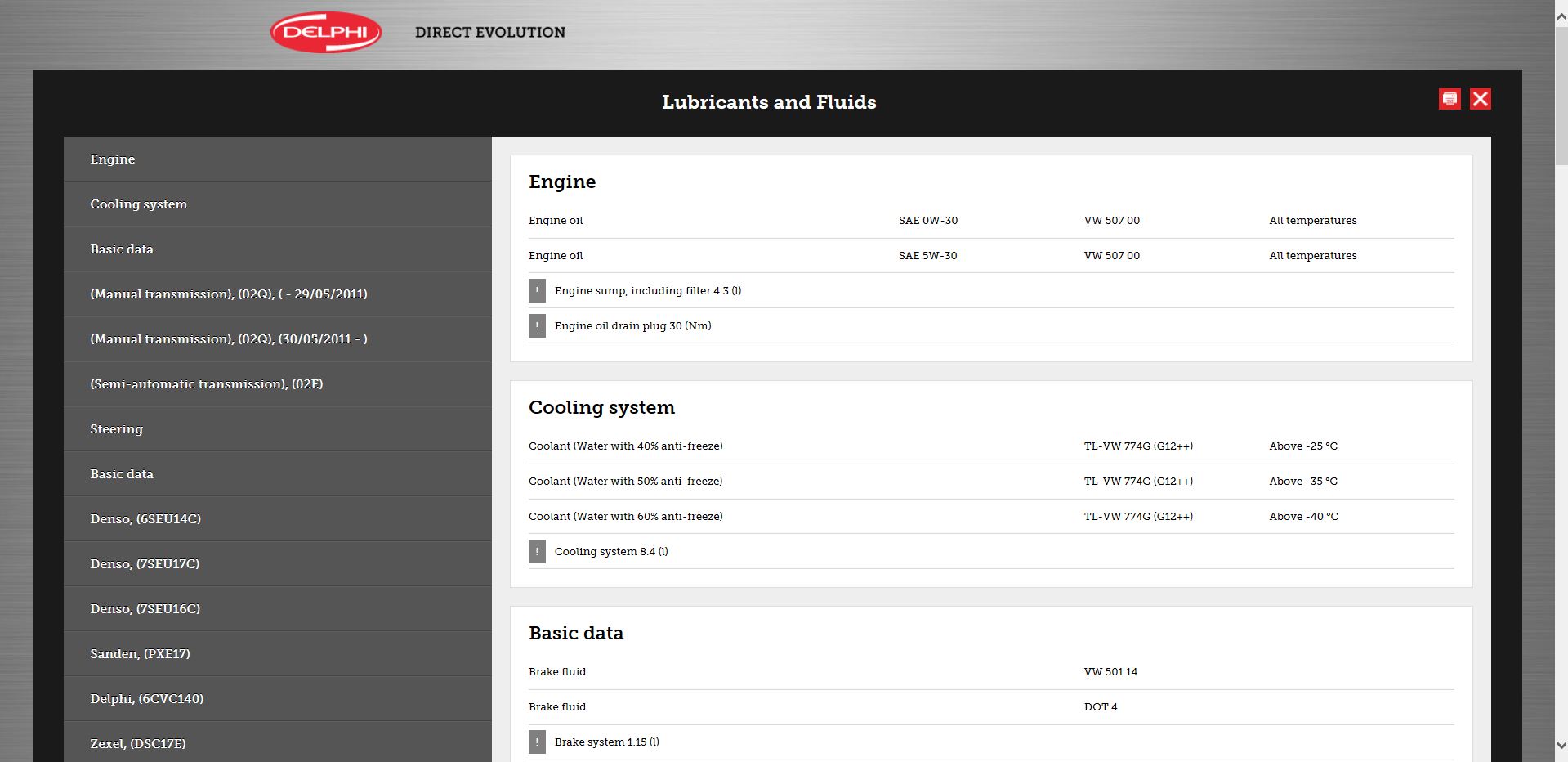 vehicle tech information screen shot of lubricants and fluids