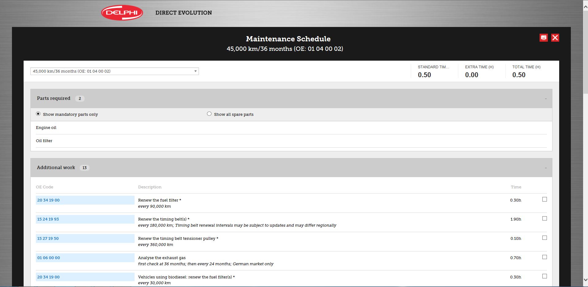 vehicle tech information screen shot of maintenance