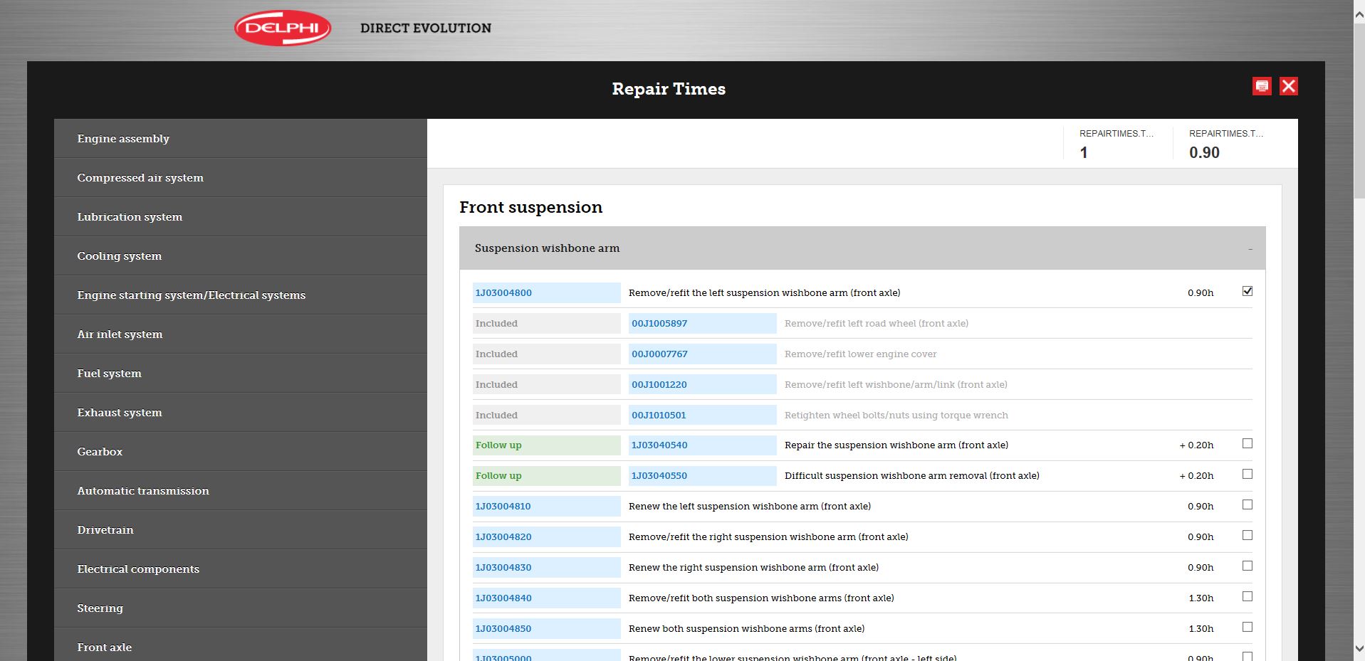 vehicle tech information screen shot of repair times