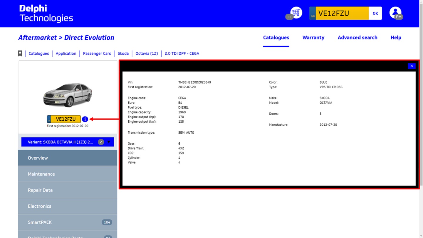 Delphi VTI CAR screen with full vehicle registration search