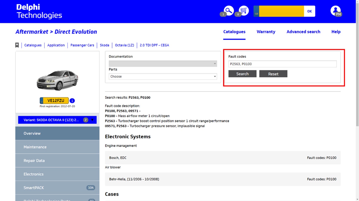 Delphi VTI CAR screen with search multiple DTCs