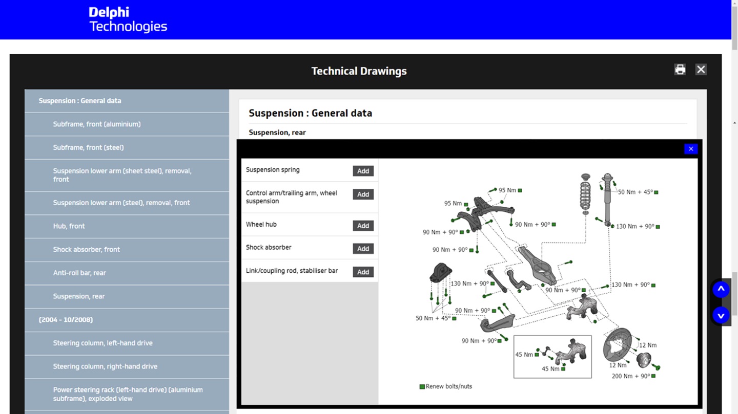 Delphi VTI CAR screen with torque figures and technical drawings